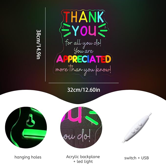 WLHOPE Thank You Appreciated Neon Sign Dimmable Led Signs for classroom Wall Decor Neon Lights USB Powered Acrylic Sign for living room bedroom office teacher's day kids gift Decoration12.6*14.96 inch