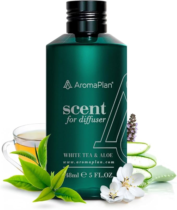 AromaPlan Hotel Scents White Tea & Aloe 5 Fl Oz (148ml), Home Luxury Aroma & Hotel Fragrance Diffuser Oil- Hotel Diffuser Oil for Aromatherapy- USA Made, Bigger Bottle, Bolder Aroma & Longer Lasting