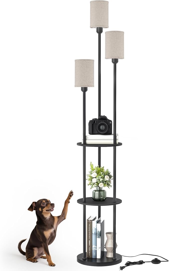 Floor Lamp with Shelves, Modern Floor Lamp with 3 Linen Shades and Foot Switch, 3-Light Standing Lamp, for Living Room, Bedroom, Study, Office, Black and Beige E53LD05