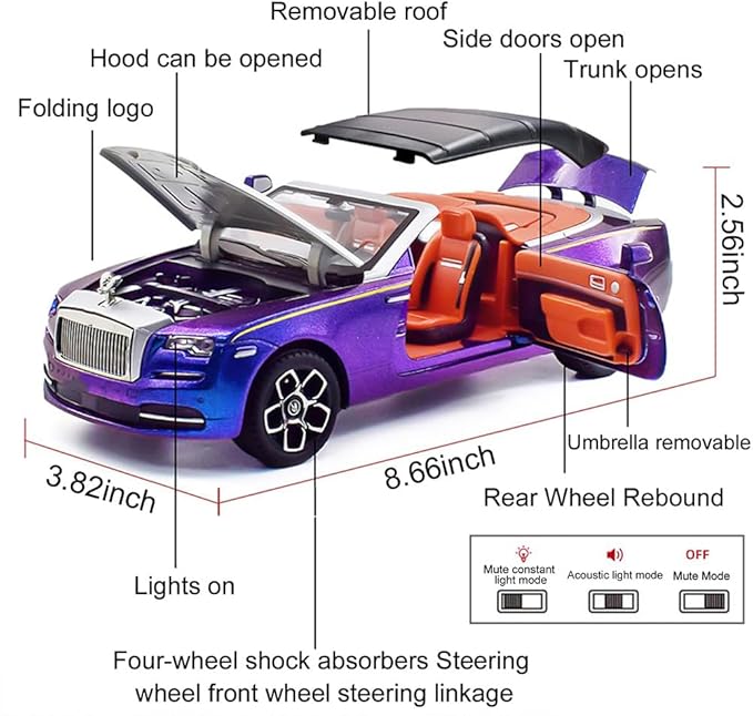 Collectible Toy Car 1/24 Rolls-Royce Dawn Diecast Model Car, Alloy Pull Back Toy Car Vehicles with Light and Sound Exquisite Car Model for Boys Kids Adults Gift