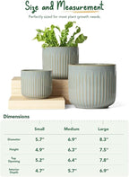 LE TAUCI Fluted Ceramic Planters Set of 3 – 8.3/7 / 5.7 in Blue Gray Reactive Cylinder Indoor Plant Pots with Drainage Plug & Mesh, Glossy Stoneware Flower Pots for Succulents Herbs
