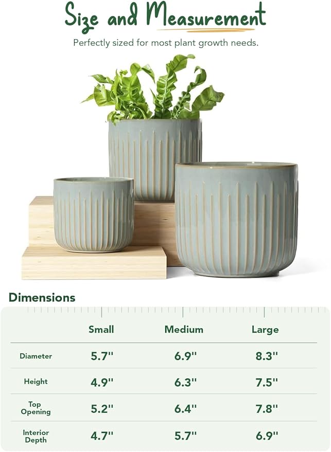 LE TAUCI Fluted Ceramic Planters Set of 3 – 8.3/7 / 5.7 in Blue Gray Reactive Cylinder Indoor Plant Pots with Drainage Plug & Mesh, Glossy Stoneware Flower Pots for Succulents Herbs