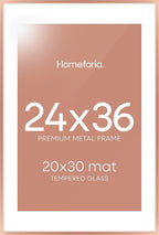 Homeforia 24 x 36 Poster Frame Rose Gold, Premium 24x36 Puzzle Frame Metal Matted to 20x30 Photo, 36 x 24 Picture Frame with Mat for 20 x 30 Photo, Tempered Glass, Wall Hook Included, Set of 1