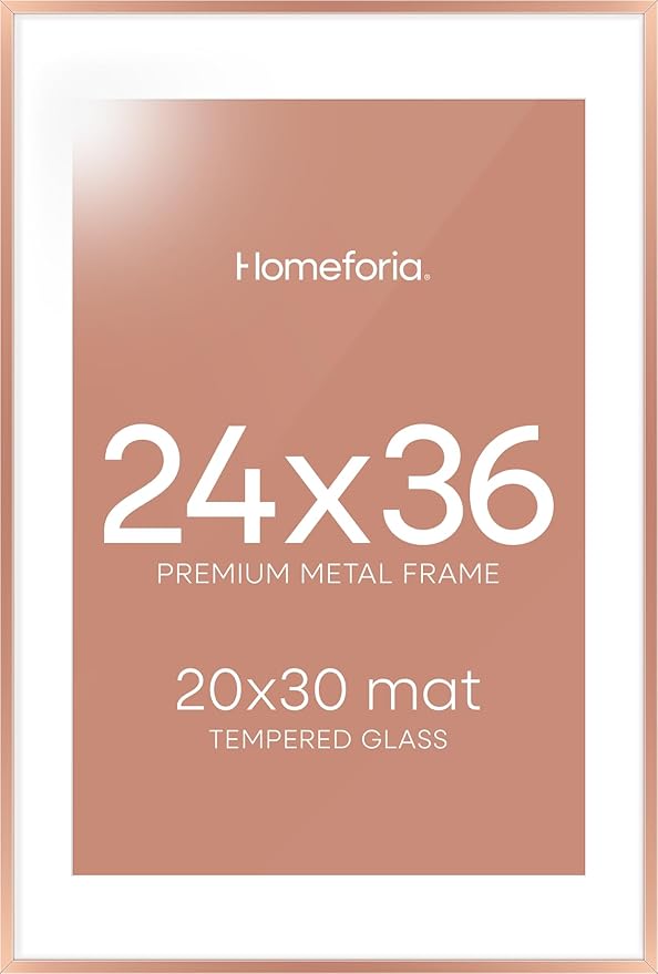 Homeforia 24 x 36 Poster Frame Rose Gold, Premium 24x36 Puzzle Frame Metal Matted to 20x30 Photo, 36 x 24 Picture Frame with Mat for 20 x 30 Photo, Tempered Glass, Wall Hook Included, Set of 1