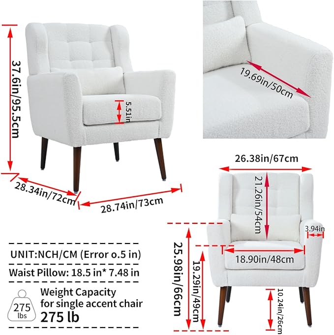 Accent Chair, Comfy Upholstered Living Room Chairs with High Tufted Backrest and Pillow, Wingback Reading Chair with Solid Wood Legs for Bedroom/Office,Teddy Fabric, White