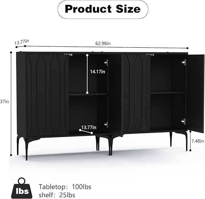 3More 2 Door Accent Cabinet Set of 2,Sideboard Buffet Storage Cabinet with Iron Legs and Adjustable Shelf,3D Lattice Design Suitable for Living Room, Entrance, Dining Room,Black