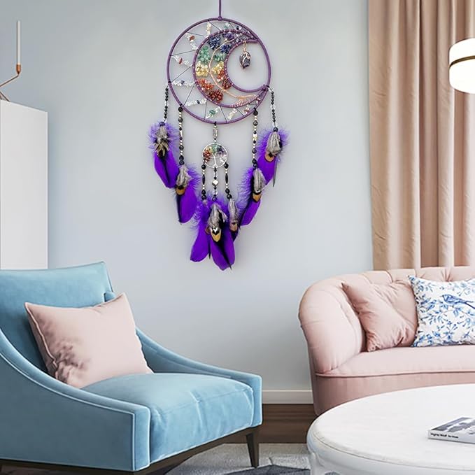 7 Chakras Dream Catchers Moon Tree of Life Dream Catcher Violet Feather Dreamcatcher Wall Decor with Rainbow Healing Crystal Stone Wall Art Hanging for Bedroom Home Decor Bless Gift Wedding Party