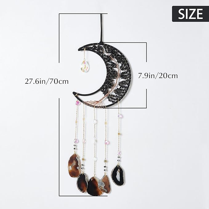 Agate Gemstone Big Dream Catcher 7 Chakra Tree of Life Dream Catcher with Crystal Stones Handmade Dreamcatcher Wall Decor for Adults Boys Girls,Bedroom,Garden,Bless Gift(Large Black Moon)