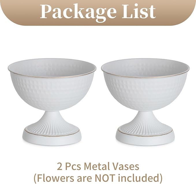 Sziqiqi Urn Vases for Wedding Centrepiece - 6in High White Metal Vase Set of 2 Small Vintage Flower Arrangement Pots for Table Centrepieces Elegant Hammered Vase for Christmas Anniversary Party