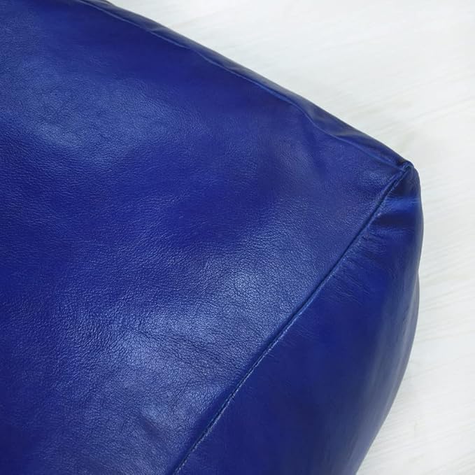 Square Shaped Goat Leather Handmade Eco-Friendly Blue Pouf - 21" x 21" x 12", Plain Solid, Recycled Foam with Fibre Fill Stuffed, Seating Pouf PF12