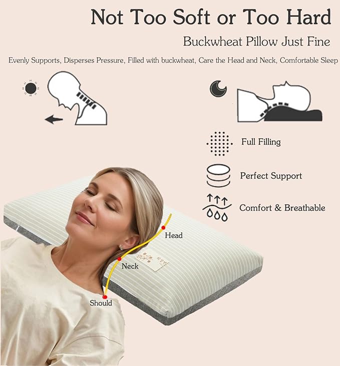 Adjustable Firmness Buckwheat Pillow, Neck Support Buckwheat Pillows for Sleeping with Buckwheat Hulls and Cotton Cover for Back Side Sleepers, as Meditation Cushion, Khaki 20"X12"