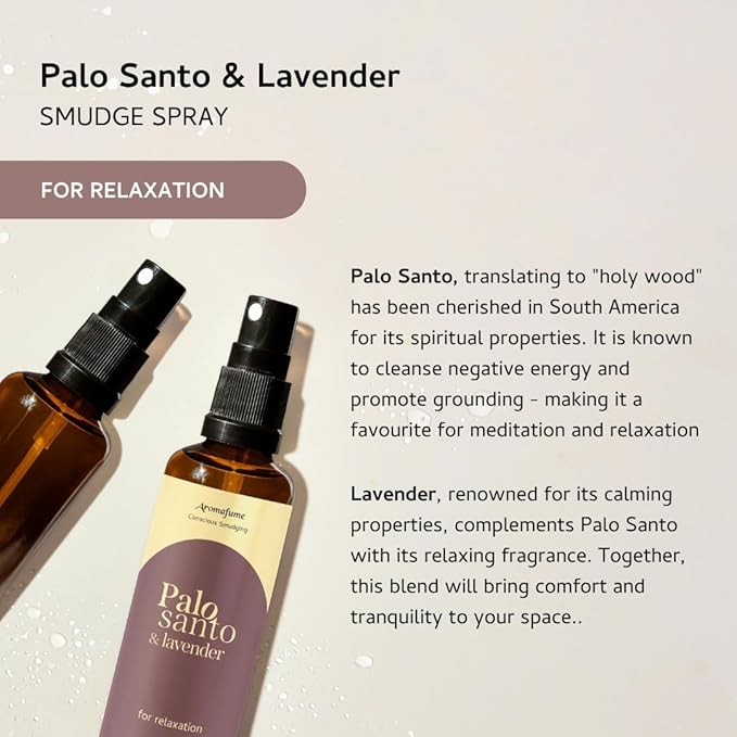 Palo Santo & Lavender Smudge Spray by Aromafume | 1 x 100ml / 3.38 fl oz l Aromatherapy | With Essential oils | Room Linen Spray | Natural Air freshners for home | Spiritual Meditation Accessories