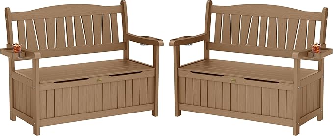 YEFU Outdoor Storage Bench for Patio: Heavy Duty Garden Bench Set of 2 with 96° High Backrest & Oversized Seating - HIPS Weatherproof Patio Bench with Storage for Porch Park Backyard, Teak