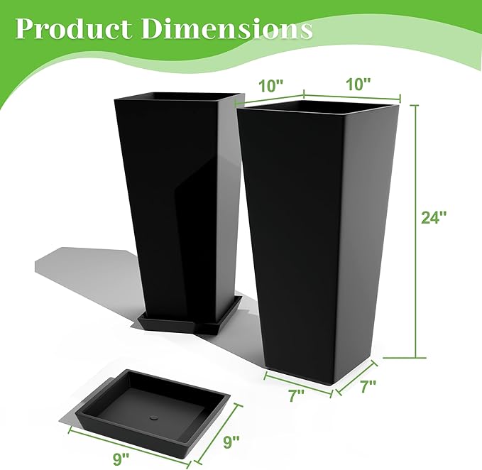 FENCY Set of 2 Tall Planters for Outdoor Plants, 24 Inch Large Tapered Pots with Drainage Trays, Weather-Resistant Plastic Plant Containers for Patio, Porch, Garden, Front Door Decor,Black