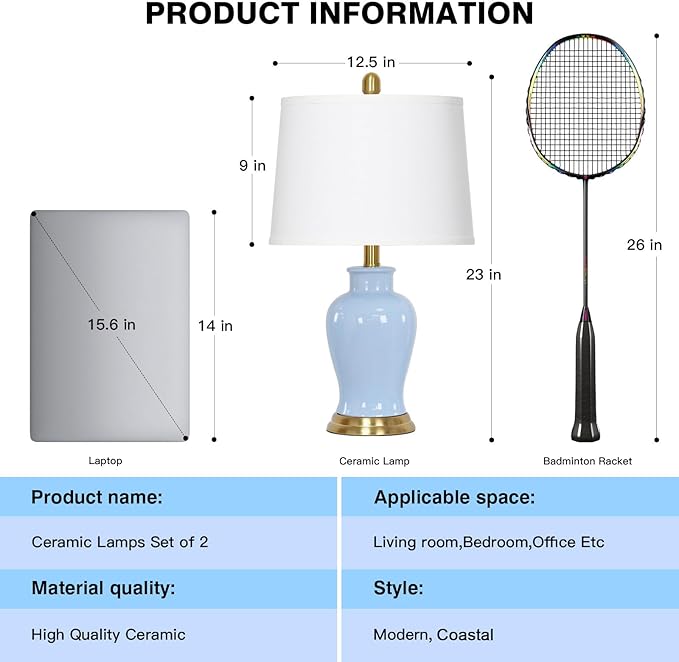 23" Modern Blue Ceramic Table Lamps Set of 2, Coastal Ceramic Lamps for Living Room, Classic Bedside Lamp with Ginger Jar Design, Elegant Bedroom Lamp for Night stand Desk Side End Table Home Decor