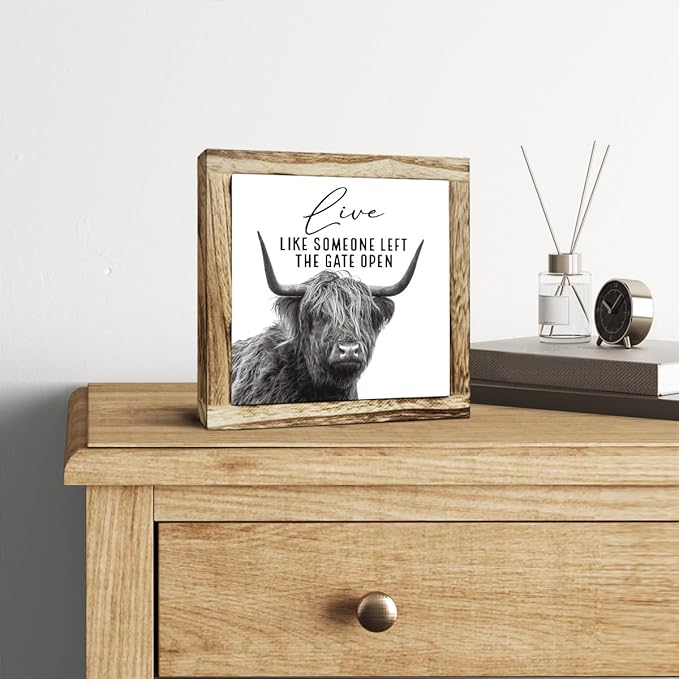 Funny Wood Sign, Cow Decor, Wooden Plaques Sign Table Decoration, Farmhouse Decorate for Shelf, Country Style Home Decor, Inspirational Decorate Signs, Live Like Someone Left the Gate Open Signs