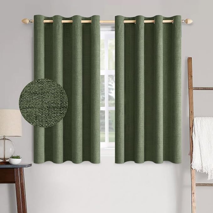 MIULEE 100% Blackout Linen Textured Curtains for Bedroom Solid Thermal Insulated Olive Green Grommet Room Darkening Curtains & Drapes Luxury Decor for Living Room Nursery 52 x 54 Inch (2 Panels)