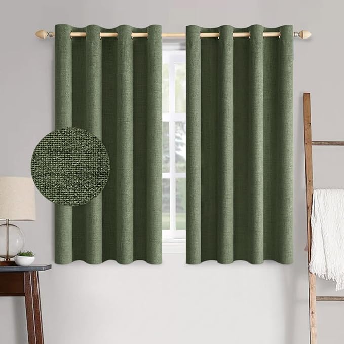 MIULEE 100% Blackout Linen Textured Curtains for Bedroom Solid Thermal Insulated Olive Green Grommet Room Darkening Curtains & Drapes Luxury Decor for Living Room Nursery 52 x 45 Inch (2 Panels)