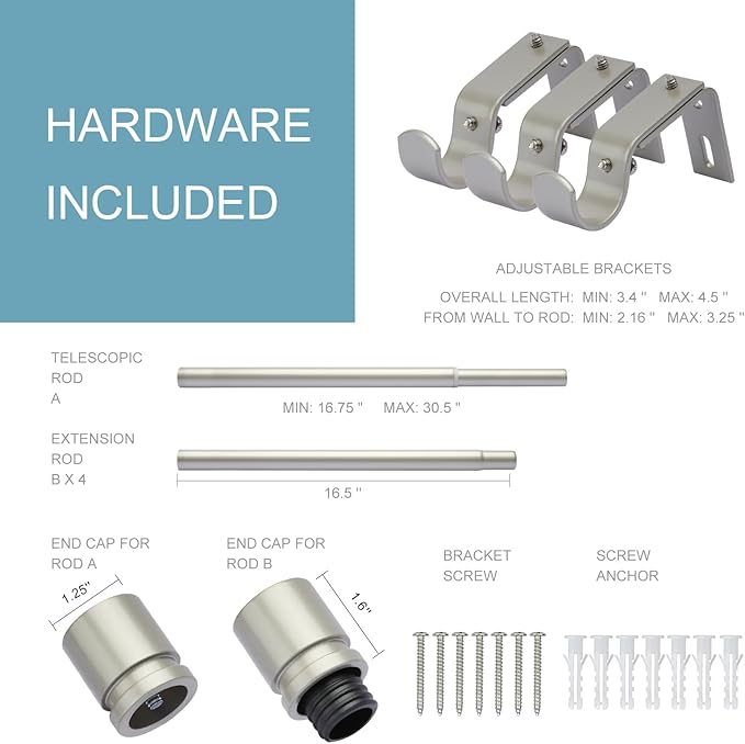 Curtain Rods for Windows 16 to 88 Inches Adjustable Length 1 Inch Diameter Window Curtain Rod with Aluminium End Cap, Brushed Nickel