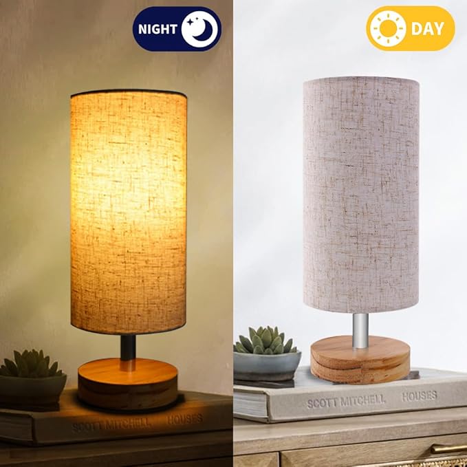 Bedside Table Lamps, Table Lamp for Bedroom, Lamps for Night Stands with Linen Lampshades, Small Table Lamp for Living Room, Office (Bulb Excluded) (Wood)