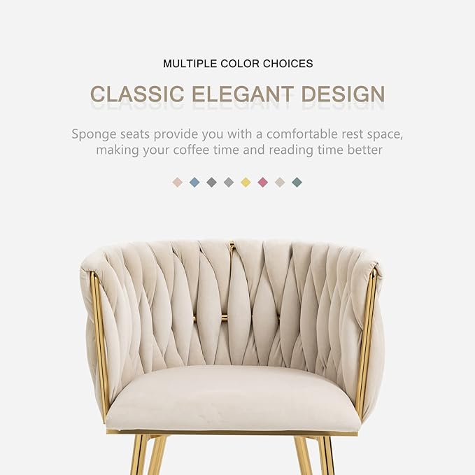 Nrizc Velvet Dining Chairs Set of 2, Woven Upholstered Dining Chairs with Gold Metal Legs, Modern Accent Chairs for Living Room, Dining Room, Kitchen