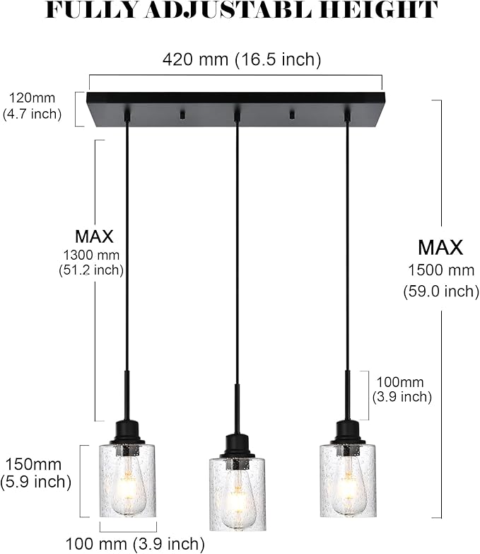 Modern 3-Light Pendant Island Light Fixture Black Ceiling Hanging Lights with Clear Seeded Glass and Adjustable Cord,Industrial Pendant Lighting for Kitchen Living Room Dining Room Foyer