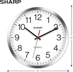 Sharp Wall Clock – Silver/Chrome, Silent Non Ticking 10 Inch Quality Quartz Battery Operated Round Easy to Read Home/Kitchen/Office/Classroom/School Clocks, Sweep Movement