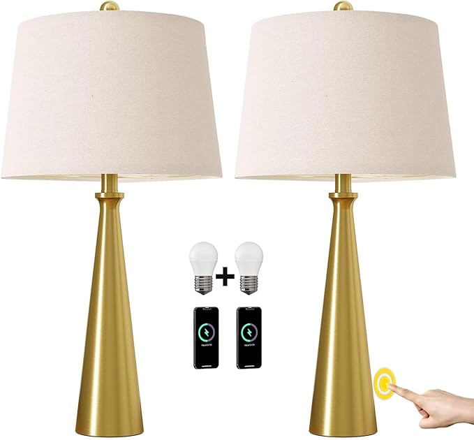 Oneach 25.75" 3-Way Dimmable Touch Control Modern USB Table Lamp Set of 2 for Living Room Bed Room Bedside Nightstand Lamps Fabric Shade Vintage Accent Light Gold Antique Brass