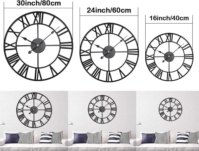 Antique Tower 24 inch Large Roman Numeral Wall Clock, Indoor Outdoor Patio Waterproof Oversized Decorative Contemporary Clock, Antique Black Metal Wall Clock Battery Operated Retro Art Hanging Clock,2