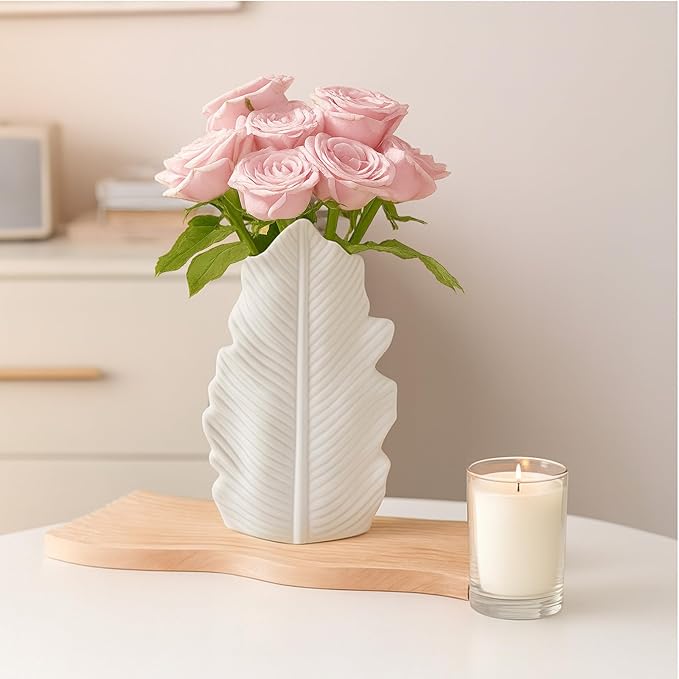 White Matte Ceramic Leaf-Shaped Vase – BEAHOT Modern Minimalist Decorative Flower Vase with Embossed Leaf Texture for Table Centerpiece, Home & Office Decor