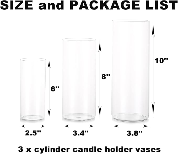 Glass Hurricane Candle Holder Esmiome - Cylinder Vases for Centerpieces 3Pcs/Set Hurricane Floating Candle Holder, Glass Vases for Flowers, Decorative for Home Wedding, 6'' + 8'' +10''(High)