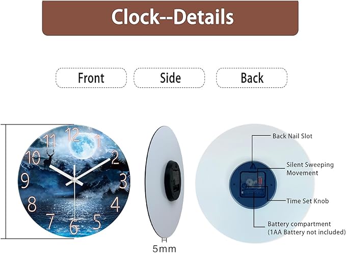 XFM Extra Large Blue Wall Clock 24 Inch Round Silent Non-Ticking Battery Operated Wall Clocks Glass Moon Forest Deer Decorative Clock for Kitchen Living Room Home Office
