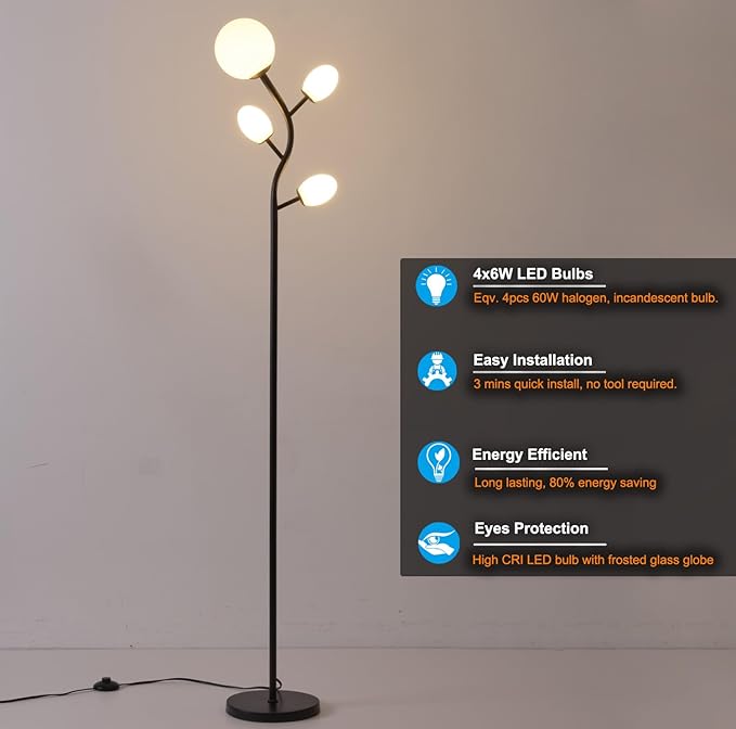 Fiqevs 4 Globe Floor Lamp with 2700K Warm Light LED Bulbs Included, Mid Century Modern Tree Standing Lamp with Frosted Glass Shade, Arc Torch Tall Lamp for Living Room, Bedroom, Office, Matt Black