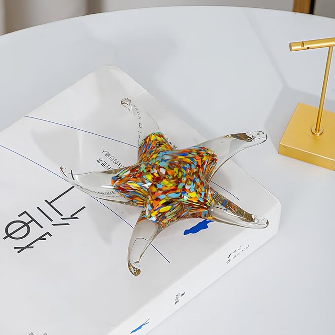 Crystal Star Fish Figurine Hand Blown Glass Starfish Statue Collectibles Ocean Art Sea Animal Home Table Decor Gift Colorful Red 5.5''