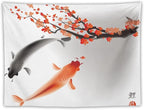 Japanese Koi Fish Tapestry, Cherry Blossoms Asian Oriental Flower Branch Koi Fish Carp Tapestries Wall Hanging for Bedroom Living Room Office Decor 60"x40"