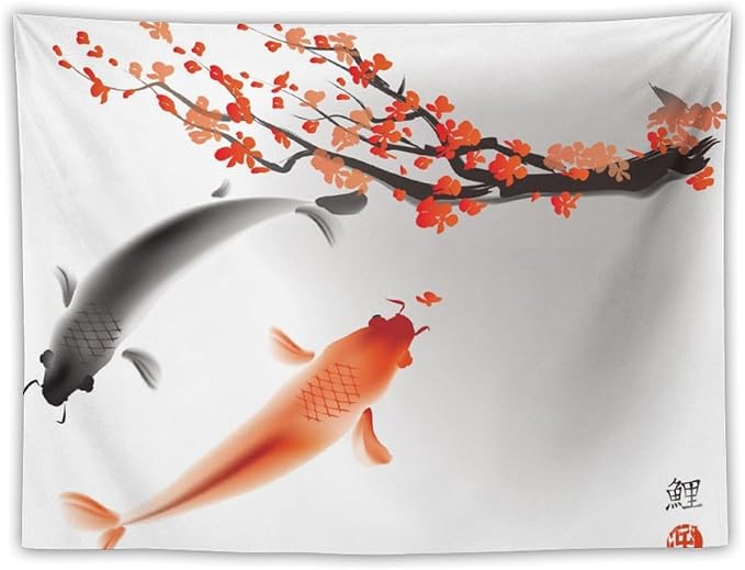 Japanese Koi Fish Tapestry, Cherry Blossoms Asian Oriental Flower Branch Koi Fish Carp Tapestries Wall Hanging for Bedroom Living Room Office Decor 60"x40"