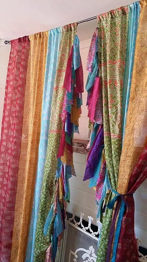2 PCS of Indian Silk Saree Curtain Window Boho Gypsy Hippy Bohemian Wall Hanging Hippy Room Decor Curtain, Pack of 1