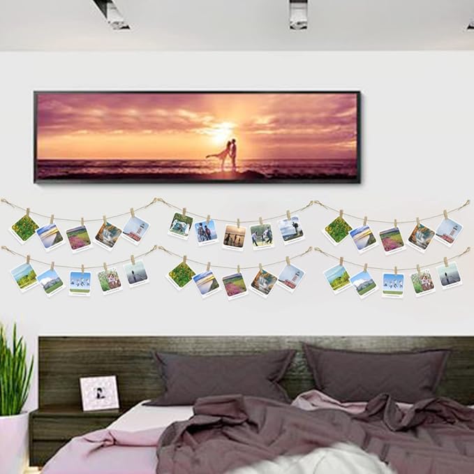 Photo Hanging Display with 50 Photo Clips, String Hanging Pictures Decor Wall Display, Clip Photo Holders for Hanging Kids Artwork On Wall Decor Home