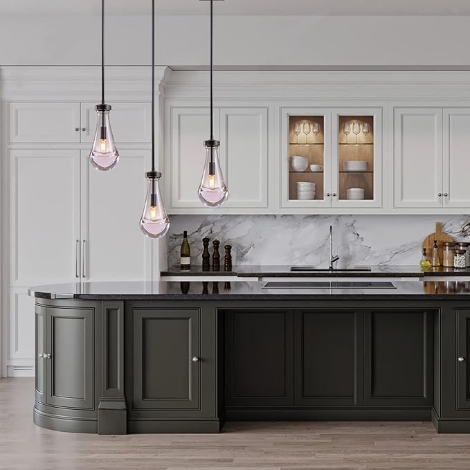 Black Pendant Light Fixtures, Glass Pendant Lights Kitchen Island, Raindrop Pendant Lighting, for Kitchen Island, Bedroom, Bathroom, Including Light Bulbs