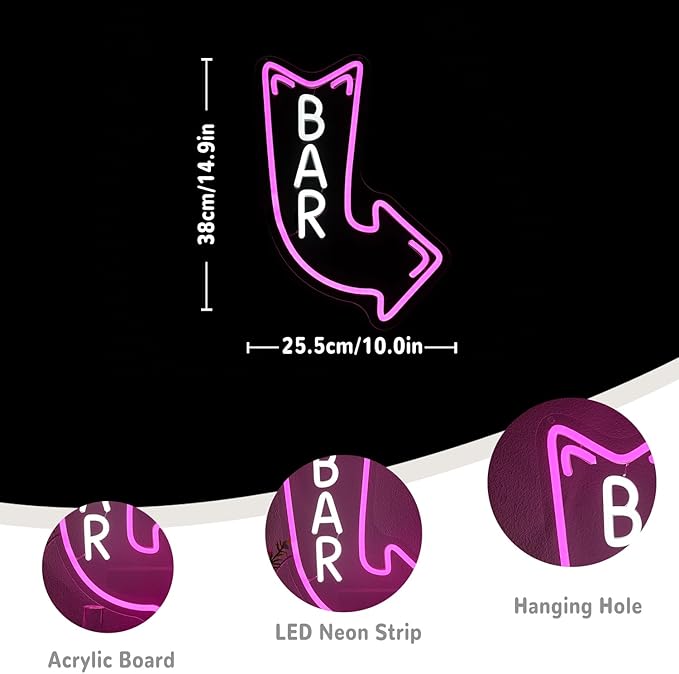Bar Neon Sign for Wall Decor Arrow Neon Light Pink LED Neon Sign Letter Led Neon Light for Bar Man Cave Party Decoration