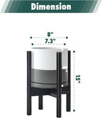 D'vine Dev Ceramic Planter with Ebony Stand - 8 Inch Modern Round Flower Pot with Wood Planter Holder, White/Grey, 55-B-M-6