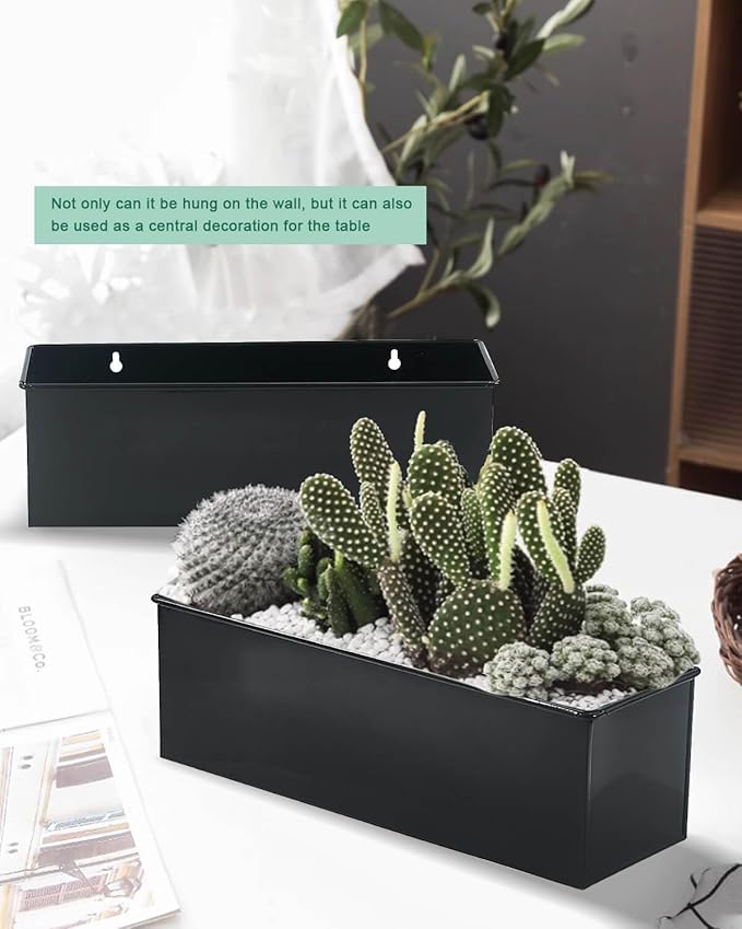 vensovo Metal Wall Hanging Planter Boxes – 12" Rectangle Flower Pots, 3 Pack with Drainage, Durable Galvanized Finish for Indoor Outdoor Balcony Fence Windowsill, Black