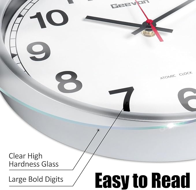 Geevon 12 Inch Atomic Wall Clock - Self-Setting Analog Clock with Automatic Time Sync - Battery Operated for Home Office School - Silver Frame