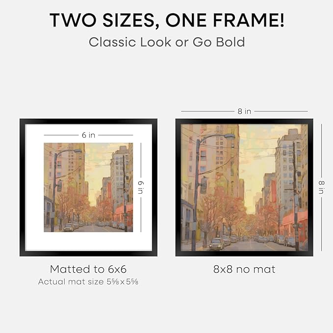 Homeforia 8x8 Black Picture Frame, High End Metal 8 x 8 Square Photo Frames with Mat 6 by 6, 8x8 Poster Frame Matted to 6x6 inch Print, 8by8 Wall or Tabletop Frames, Tempered Glass, Wall Kit, Set of 1