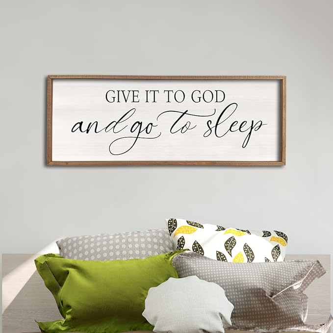comurdyo Give It To God And Go to Sleep Sign 40''×15'' Master Bedroom Above Bed Wall Decor Wood Framed Couple Large Farmhouse Guest Room Rustic Simple Over Bedside Wall Art Hanging Decor (Wood)