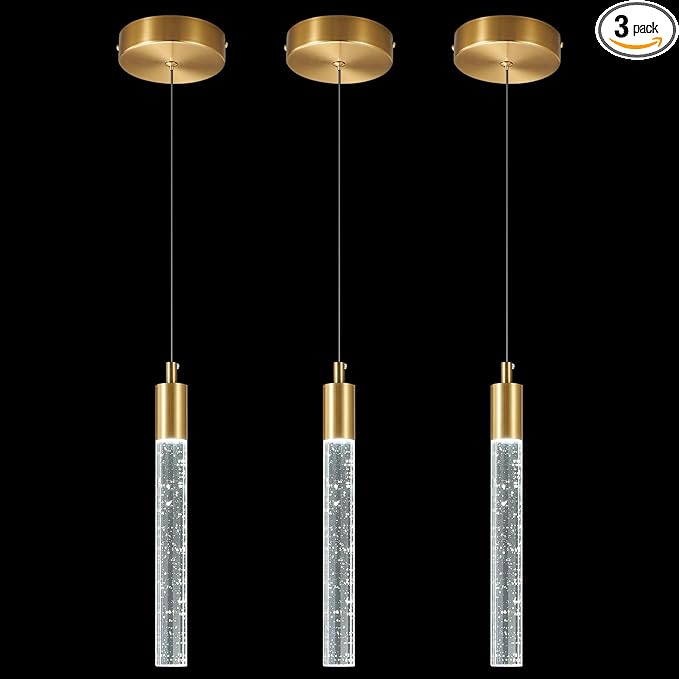 Modern Kitchen Island Pendant Light Dimmable LED Gold Brass Finish Mini Crystal Pendant Lighting Bedroom Bedside Table Small Pendant Lights（3-Pack）