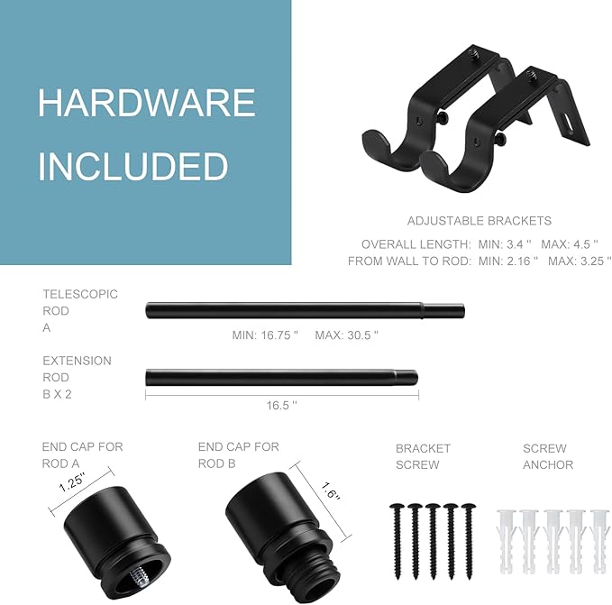 Curtain Rods for Windows 16 to 48 or 60 Inches Max Adjustable Length 1 Inch Diameter Window Curtain Rod with Aluminium Finials, Black