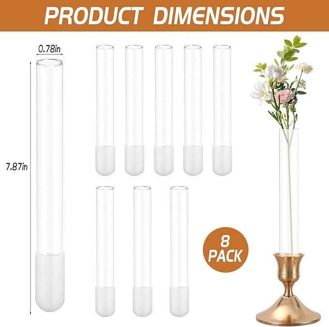 8 Pack 7.9" Glass Bud Vase Taper Base Vase for Candlesticks Candle Holder's Base Vase for Flower Candlestick Sizes from 22mm to 27mm