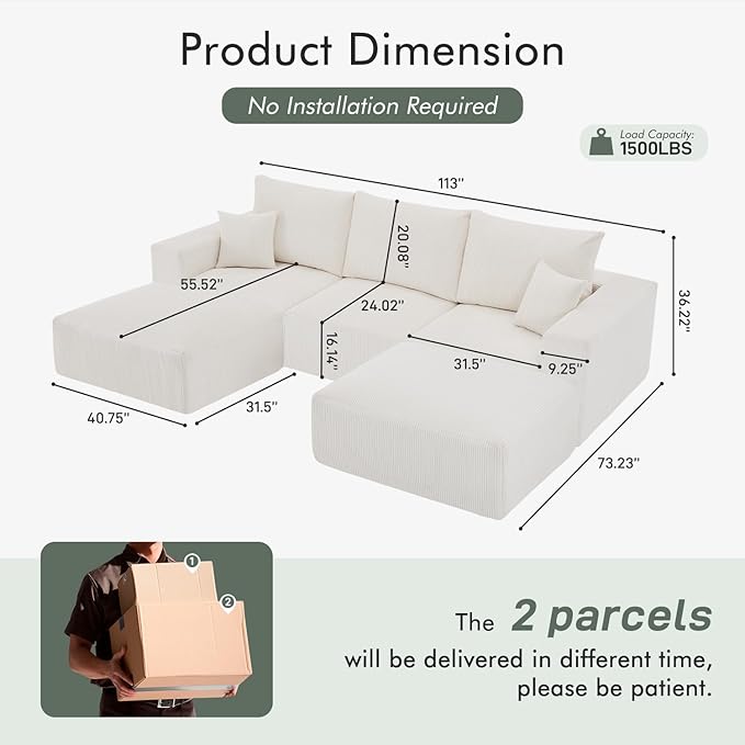 Boneless Sectional Cloud Couch Sofa for Living Room, 112" U-Shaped Modular Modern Lounge Sleeper Beige Couches with Chaise, No Assemble, Cordury Compression Upholstered Sofas