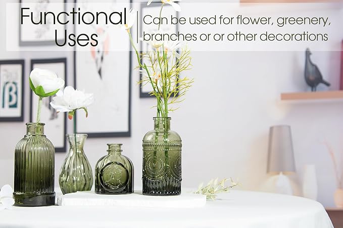 12pcs Green Glass Bud Vases Set, Small Vases for Flowers, Bud Vase for Centerpieces in Bulk, Mini Vintage Vase for Wedding Decorations, Office and Home Table Flower Décor